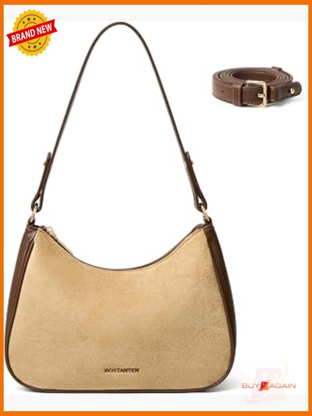Retro Crescent Shoulder Bag with Detachable Strap - Vegan Leather Suede